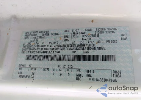 2008 Ford E-150 Commercial/Recreational z USA, uszkodzony, nr VIN 1FTNE14W48DA51758